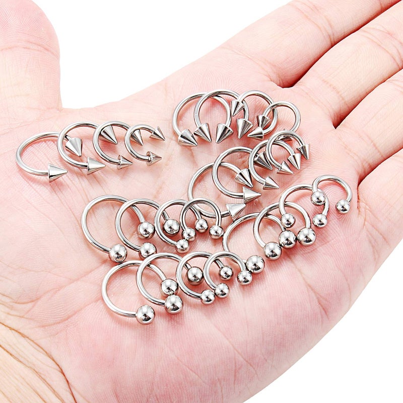 Ruifan 24PCS Surgical Steel CBR Nose Septum Horseshoe Earring Eyebrow Tongue Lip Nipple Piercing Ring with Balls & Spikes 14G 8-14mm Silver - Image 3
